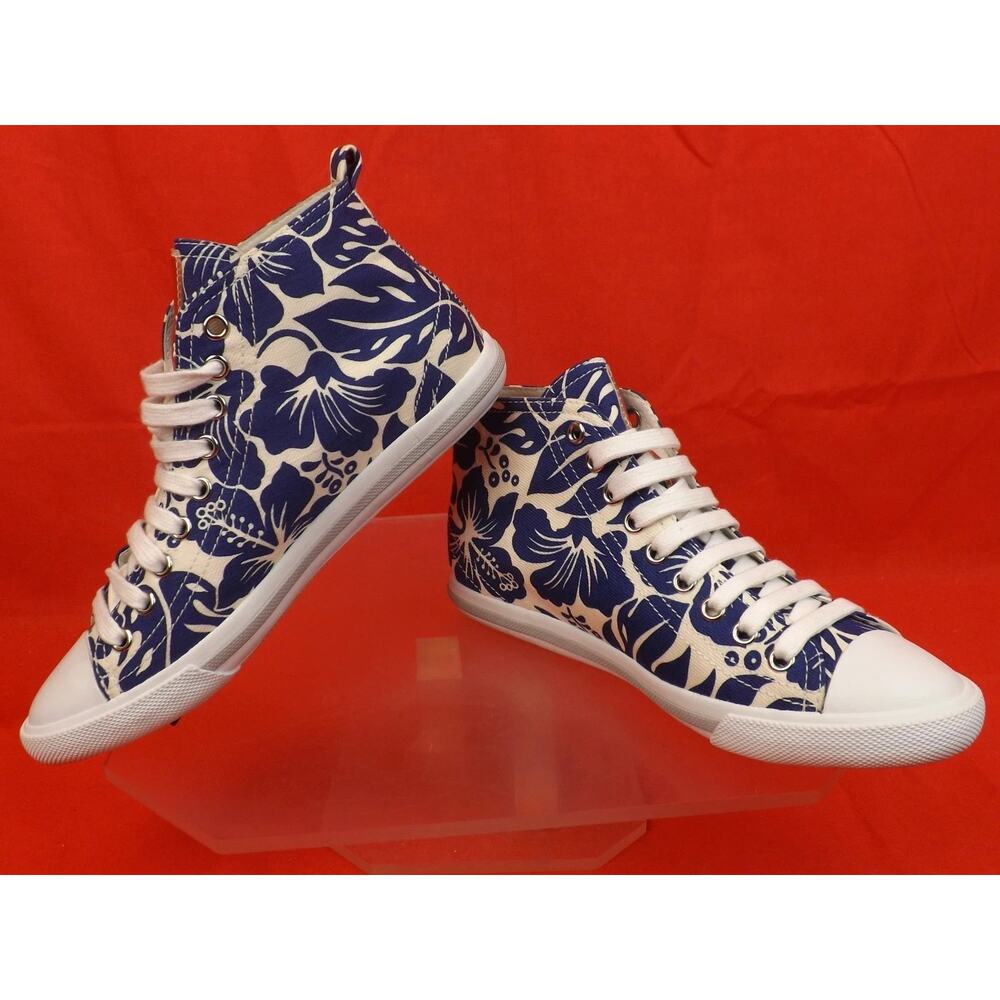 NIB PRADA 3T5731 WHITE BLUE FLORAL DENIM LEATHER CANVAS HIGH TOP SNEAKERS 35.5 - Picture 6 of 9